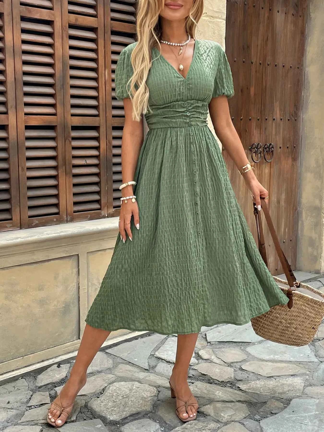 Textured V-Neck Short Sleeve Dress f2ef70e3-fe85-498b-89f1-1fce12af3497-Max-Origin