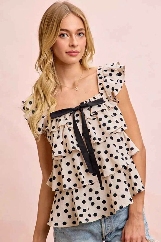 BiBi Polka Dot Ruffled Bow Tied Square Neck Sleeveless Top CREAM BLACK f2f0504cb63a4dfc931a7dbc88b9a967-Max-Origin