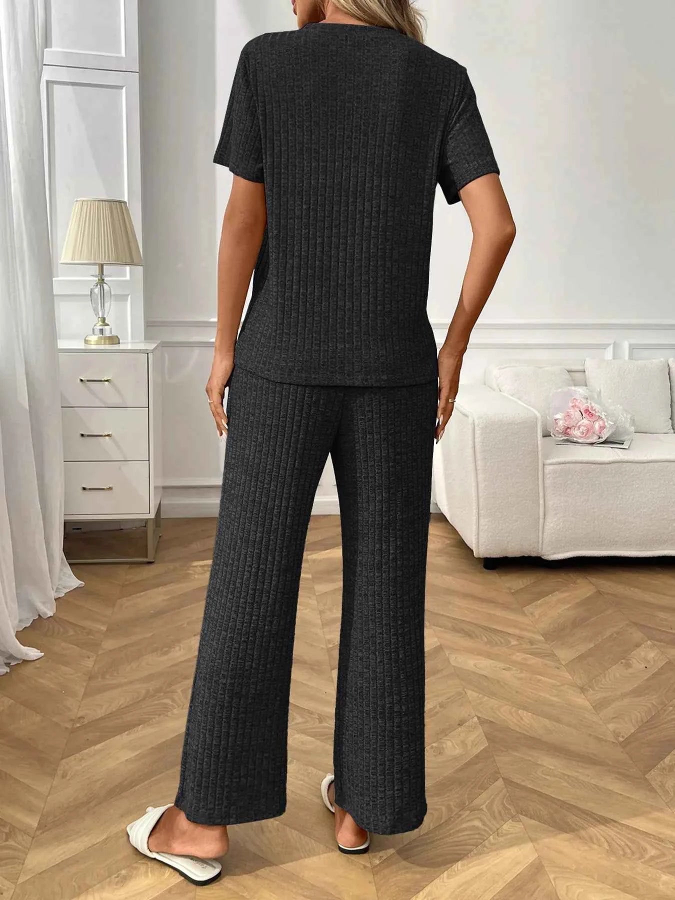 Ribbed Knit Short Sleeve Top and Pants Lounge Set f2f3713603114437be33c05771ffcf98-Max-Origin