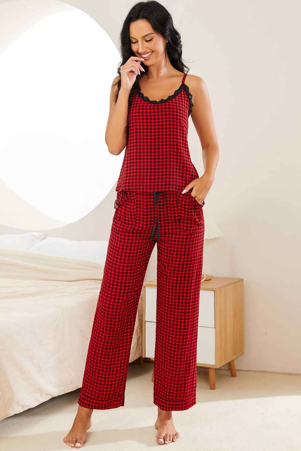 Plaid Lace Trim Cami and Drawstring Pants Pajama Set f2f4aeb739864c7e97cf8b387b86543c-Max