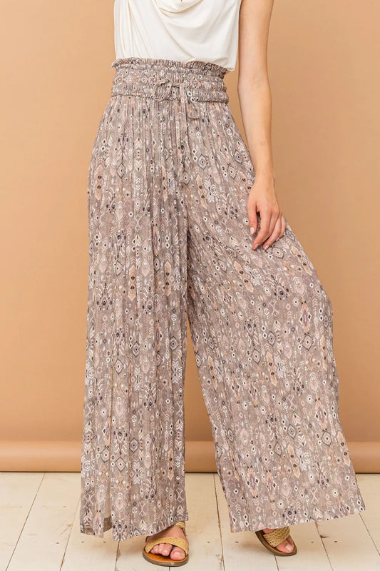 Printed Smocked Waist Slit Wide Leg Pants - 100% Rayon f2f5dbb2-ce8d-480e-a3b9-06f60526aba9-Max