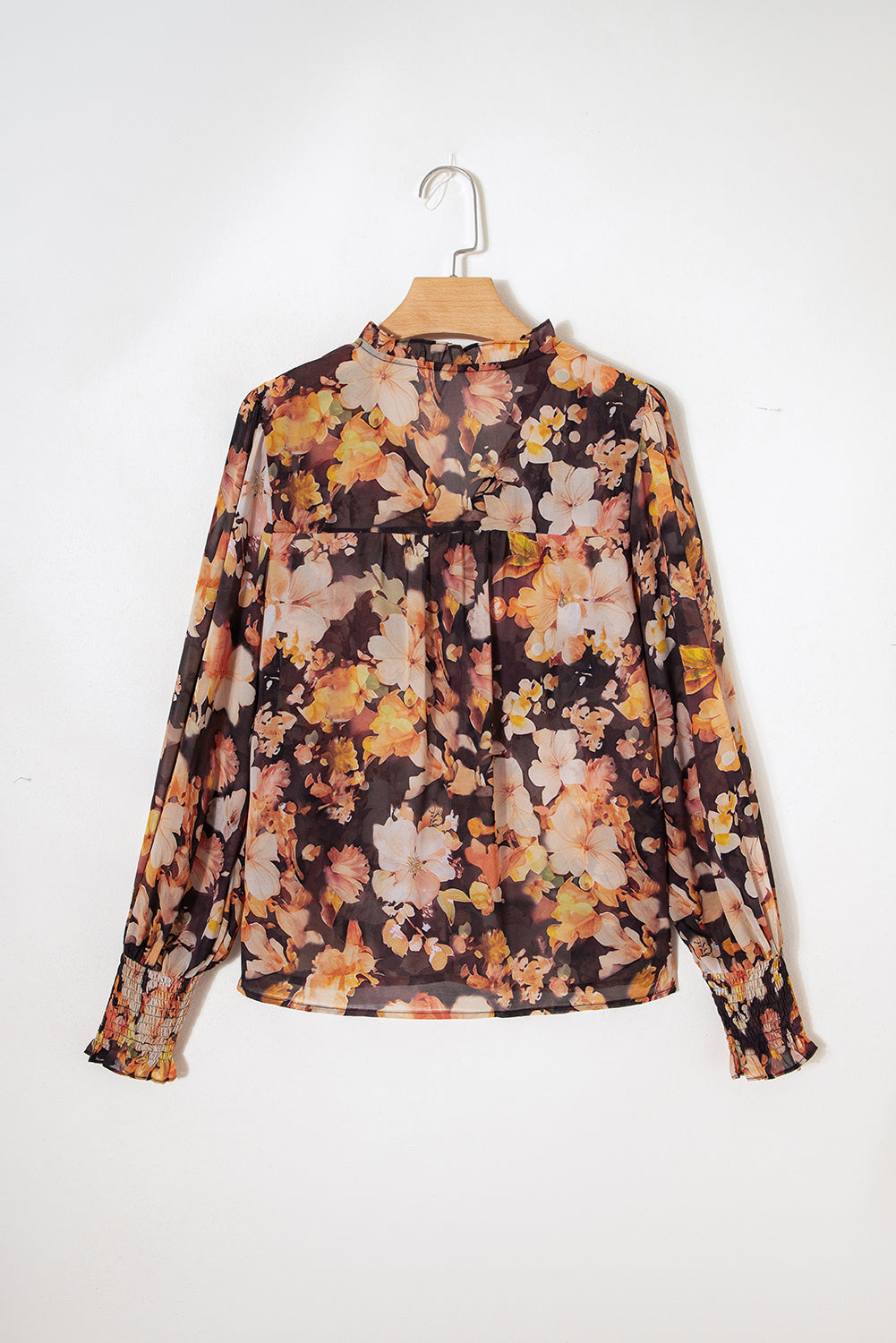 Black Floral V Neck Long Puff Sleeve Breezy Blouse f2f6c432f04b1234