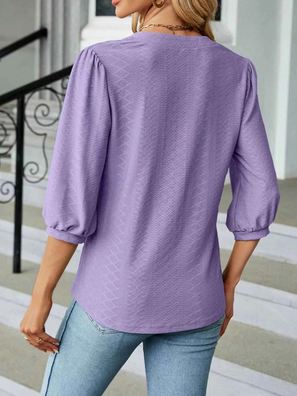 Notched 3/4 Sleeve Casual Top f2f8e3e0-9dd5-4bdb-bc5f-14a41dc679a1-Max-Origin