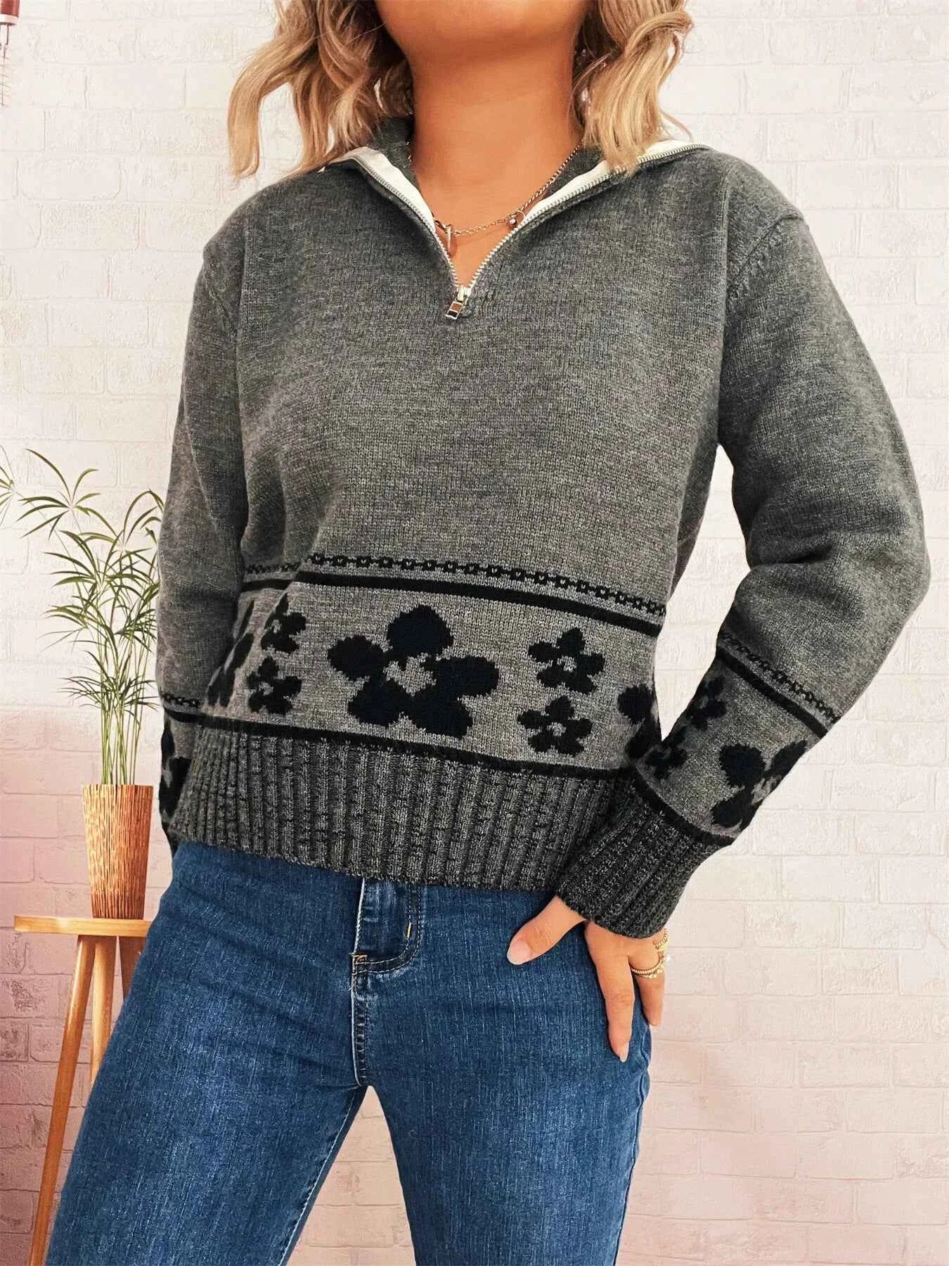 Flower Zip Collar Long Sleeve Sweater f2facc995964407b94f627332b22f015-Max-Origin
