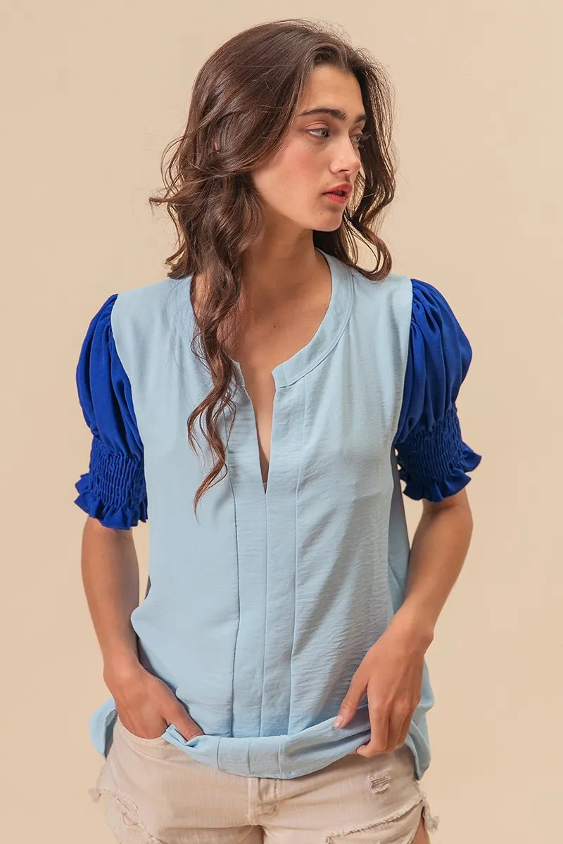BiBi Air Flow Color Block Puff Sleeves V Neck Top f307dabe3ad54278894e896c0697681f-Max-Origin