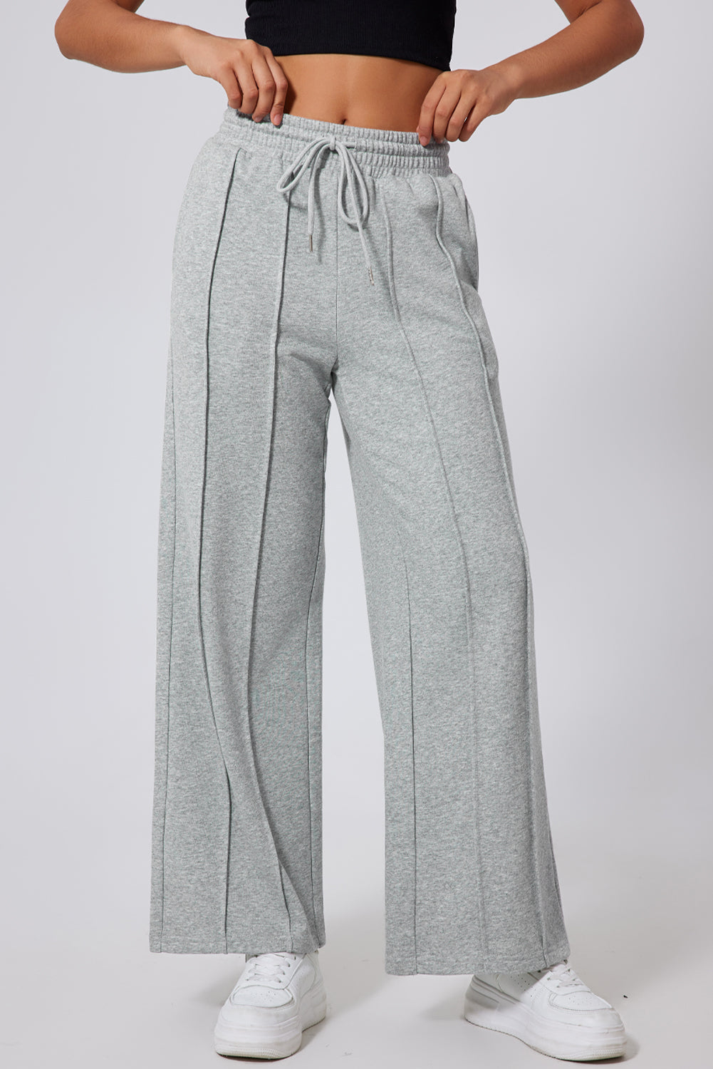 Gray Seamed Drawstring High Waist Wide Leg Sweatpants Gray 65%Polyester+35%Cotton f30fd69351cef02a