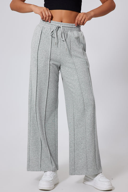 Gray Seamed Drawstring High Waist Wide Leg Sweatpants Gray 65%Polyester+35%Cotton f30fd69351cef02a