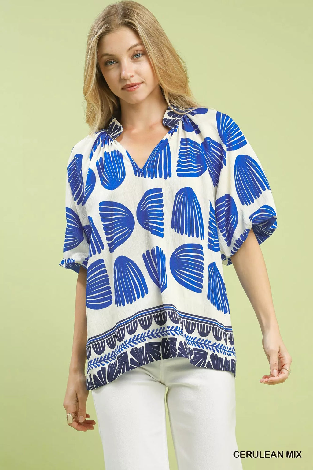 Umgee Shell Block Border Print Puff Sleeve Blouse CERULEAN MIX f31223d2-e444-48f8-bde4-866d05cbfca5-Max-Origin