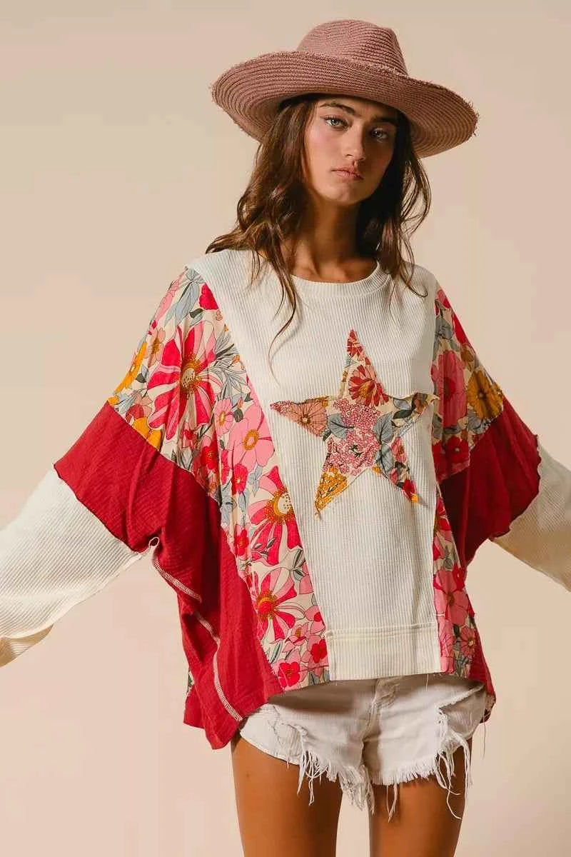 BiBi Floral Print Mixed Star Patch Round Neck Sweatshirt f3131c5022804593be396578c5425b90-Max-Origin