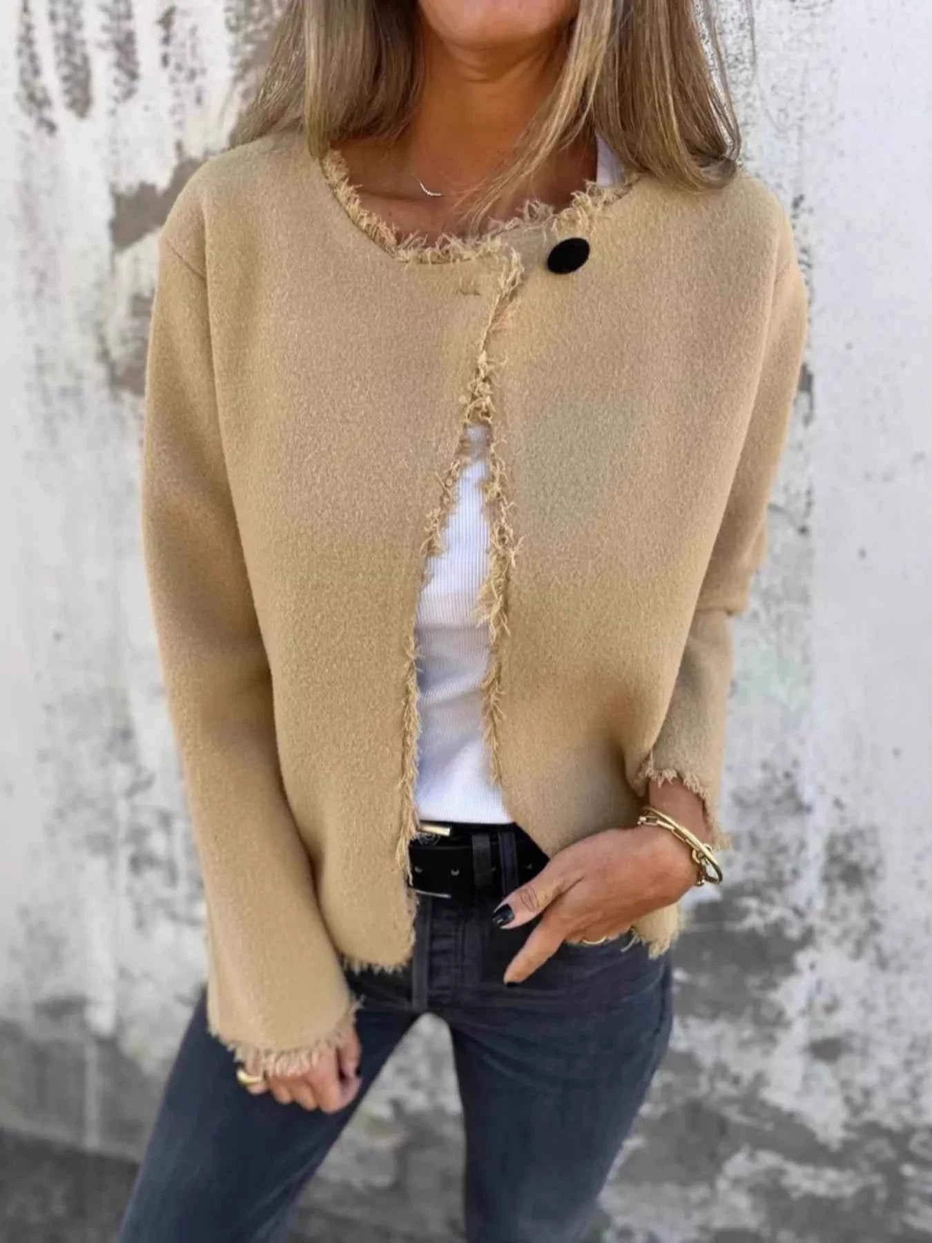 Full Size One Button Frayed Edge Cardigan Plus Size Khaki f31447fc629d4495ae5fcf43b4108713-Max-Origin