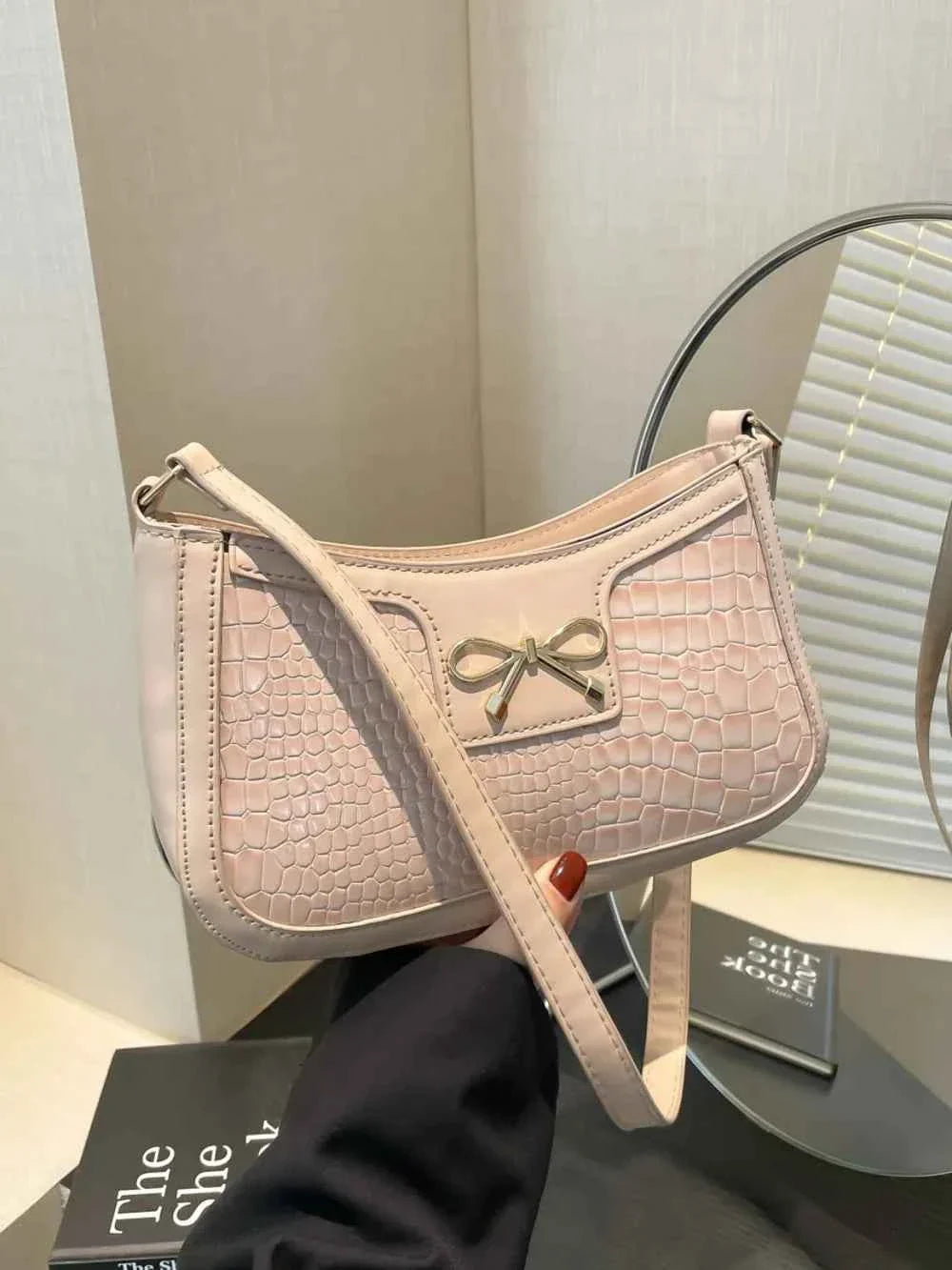 Crocodile Pattern Shoulder Bag with Bow Detail Khaki One Size f31c3829-68aa-457e-92fd-9b678e65563a-Max