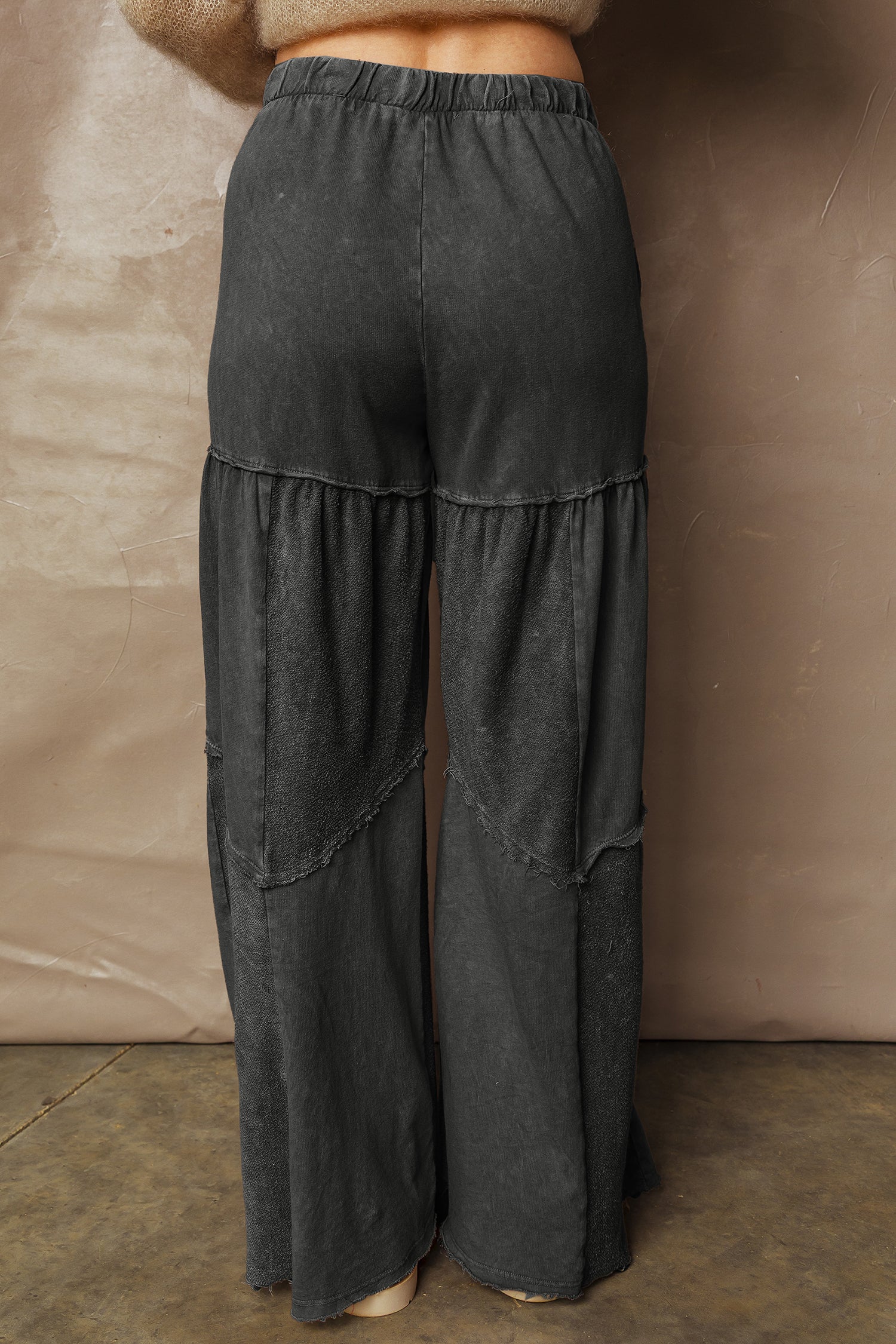 Black Mineral Wash Tiered Wide Leg Patchwork Drawstring Pants f31d41b0b4142981