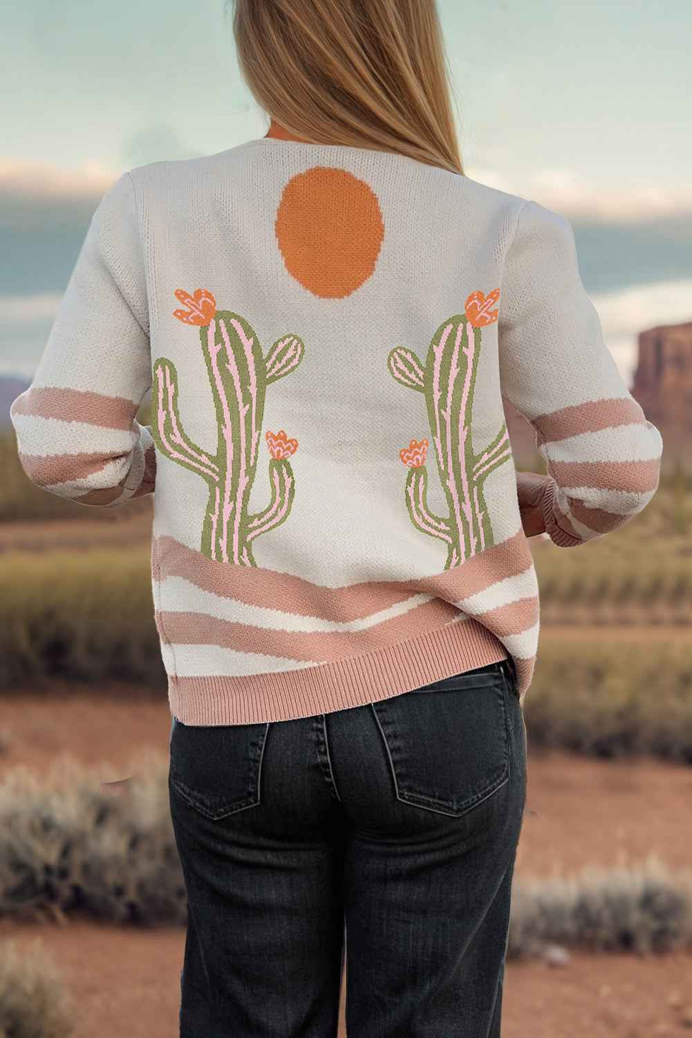 Apricot Cactus Pattern Button Front Knit Cardigan f3200daba503acd6