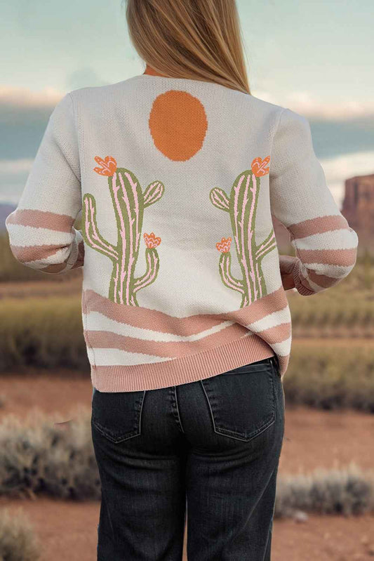 Apricot Cactus Pattern Button Front Knit Cardigan f3200daba503acd6