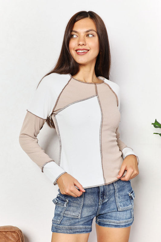 Double Take Color Block Exposed Seam Top f32056b8b97a4413a5b0c60359796b99-Max