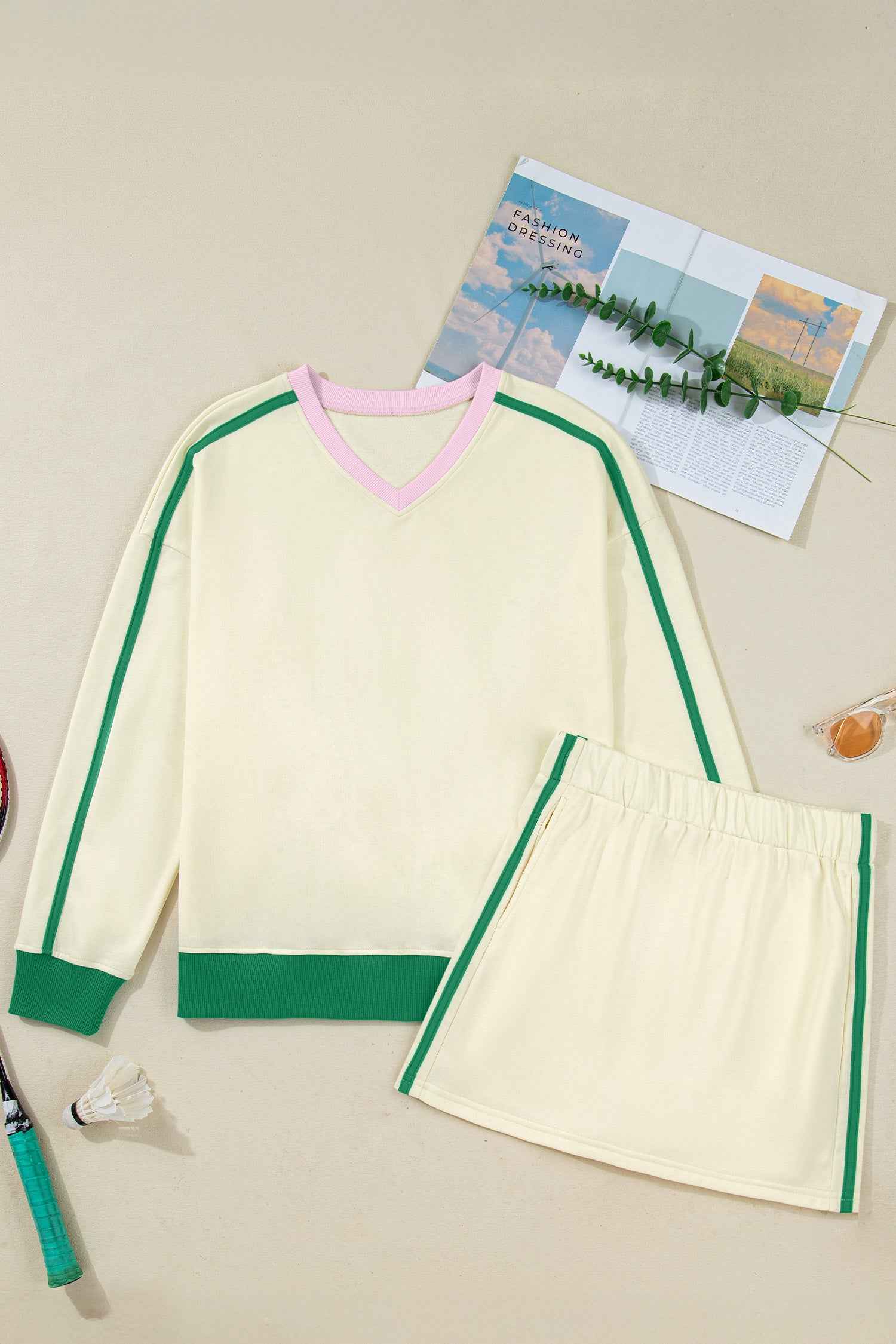 Beige Ribbed Colorblock Trim V Neck Sporty Pullover Mini Skort 2pcs Athleisure Set f321c46b39b29743