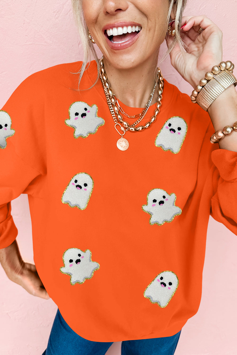 Orange Halloween Ghost Cute Patch Application Pattern Holiday Sweatshirt f321dd9dc3f25208