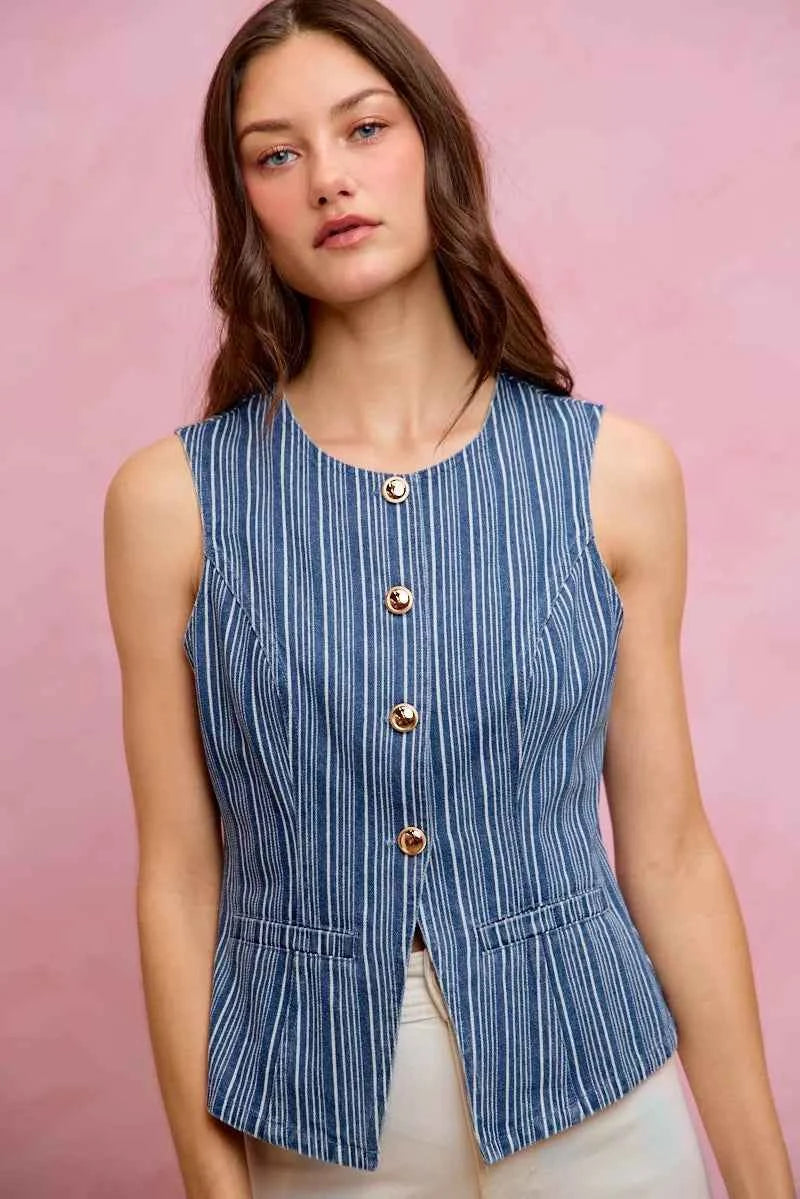 SO ME Stripe Slim Fit Button Front Denim Vest Top f322027fc5584cf0a5c8e1d7cca2c3d7-Max-Origin