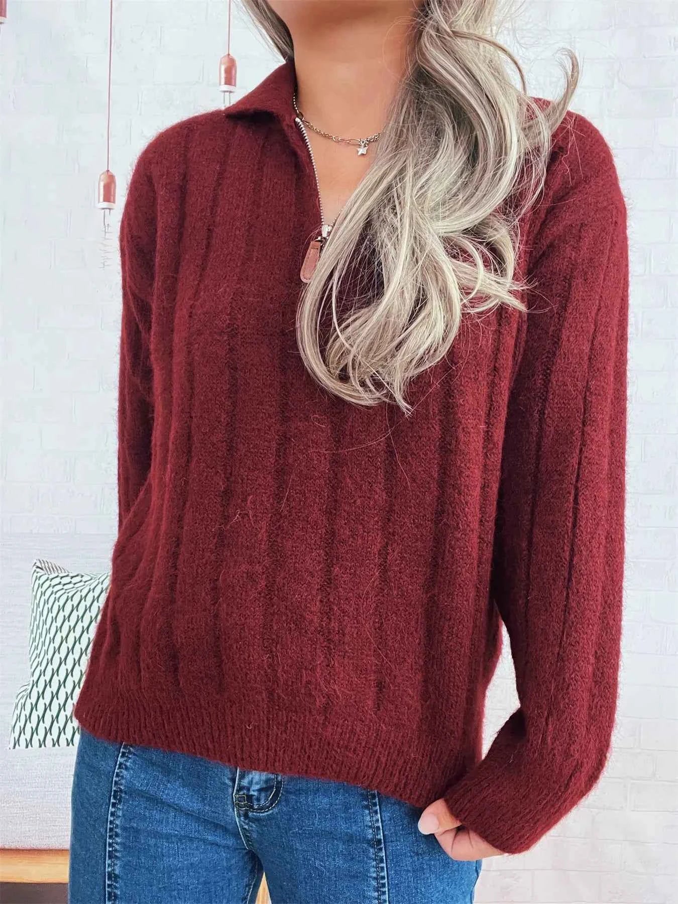 Ribbed Hem Quarter Zip Sweater Burgundy One Size f328fea70ced492f85754562fa9f1275-Max-Origin
