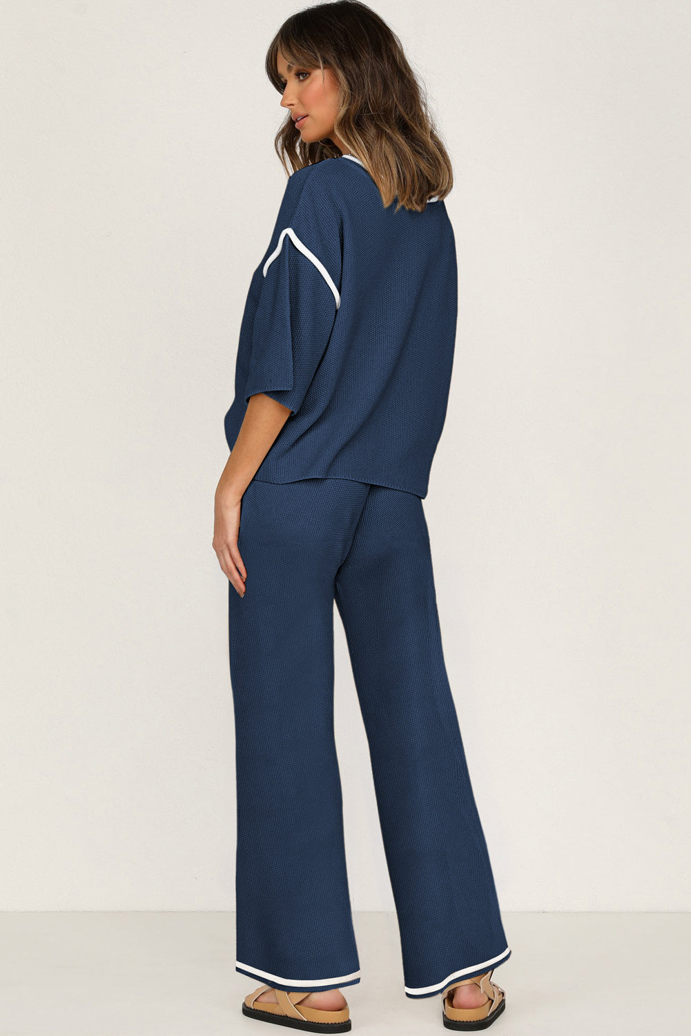Navy Blue Loose Contrast Trim Half Sleeve Top and Drawstring Pants Set f3379c474e20cd2c