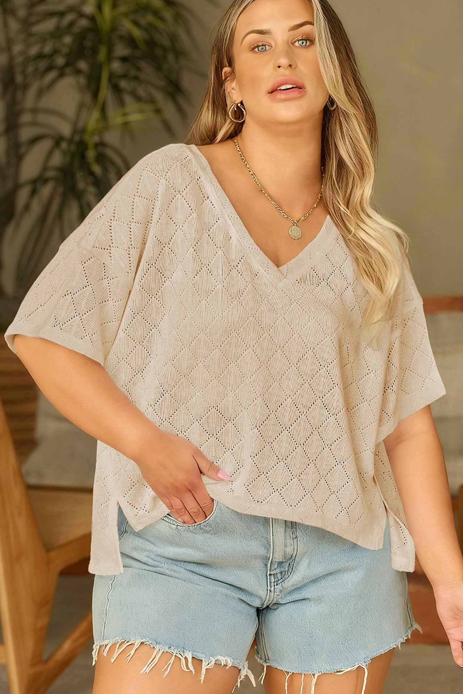 Light Pink Pointelle Rhombus Knit Plus Size V Neck Loose Top f3390c150a87a311