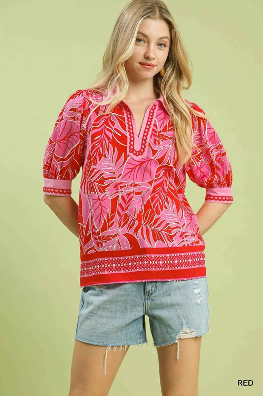 Umgee Tropical Print Puff Sleeve Blouse RED f339acc5-942d-426f-9438-7c1ed820db75-Max-Origin