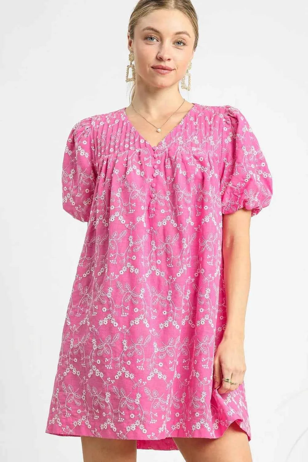 Umgee Floral Puff Sleeve V-Neck Mini Dress Hot Pink f33a3530-7ba6-4ec6-93c0-878e93d3982e-Max-Origin