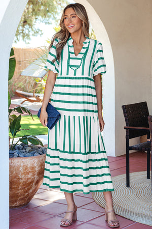 Green Stripe Ricrac Trim Notched Neck Half Sleeve Vacation Dress Green Stripe 100%Viscose f33c31ff930219d6