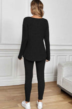 Racing Red Ribbed Notched Neck Knit Long Sleeve Leggings Two Pieces Lounge Set f33cdf5bc044cb9d