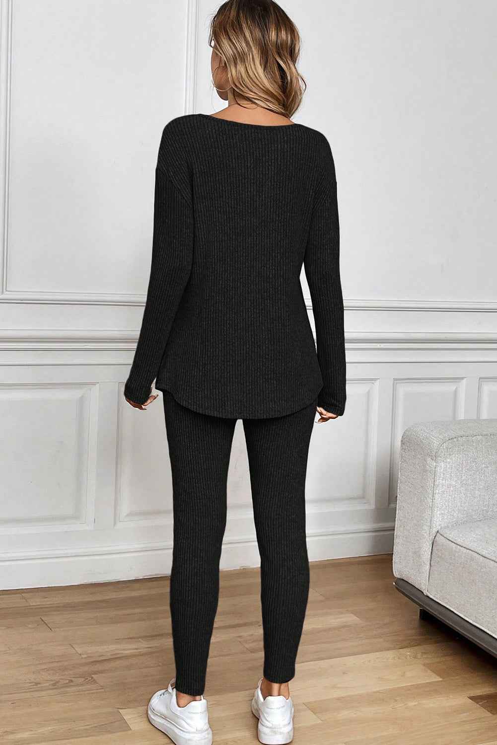 Racing Red Ribbed Notched Neck Knit Long Sleeve Leggings Two Pieces Lounge Set f33cdf5bc044cb9d