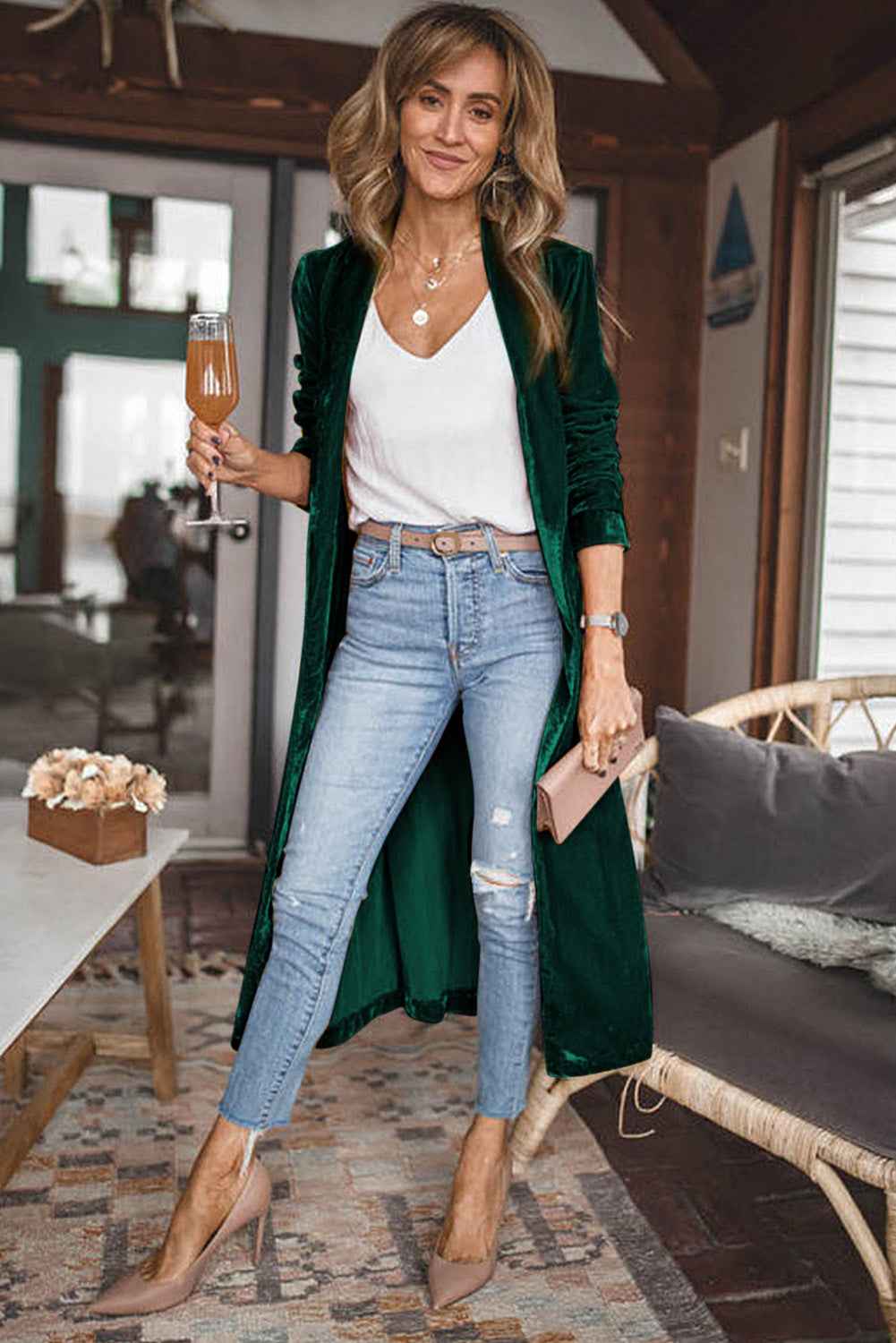 Red Velvet Elegant Open Front Pocket Long Cardigan f3431453eb9a6a9b