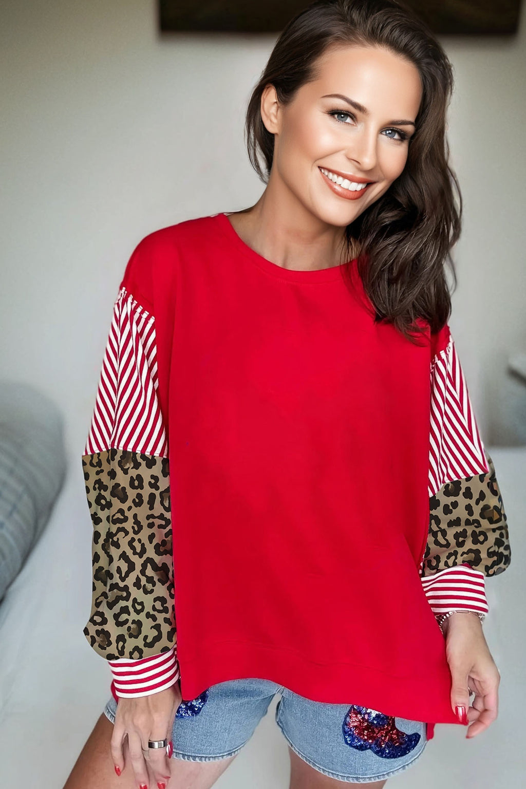 Racing Red Striped Patchwork Sleeve Colorblock Sweatshirt f3443bccf8e81019