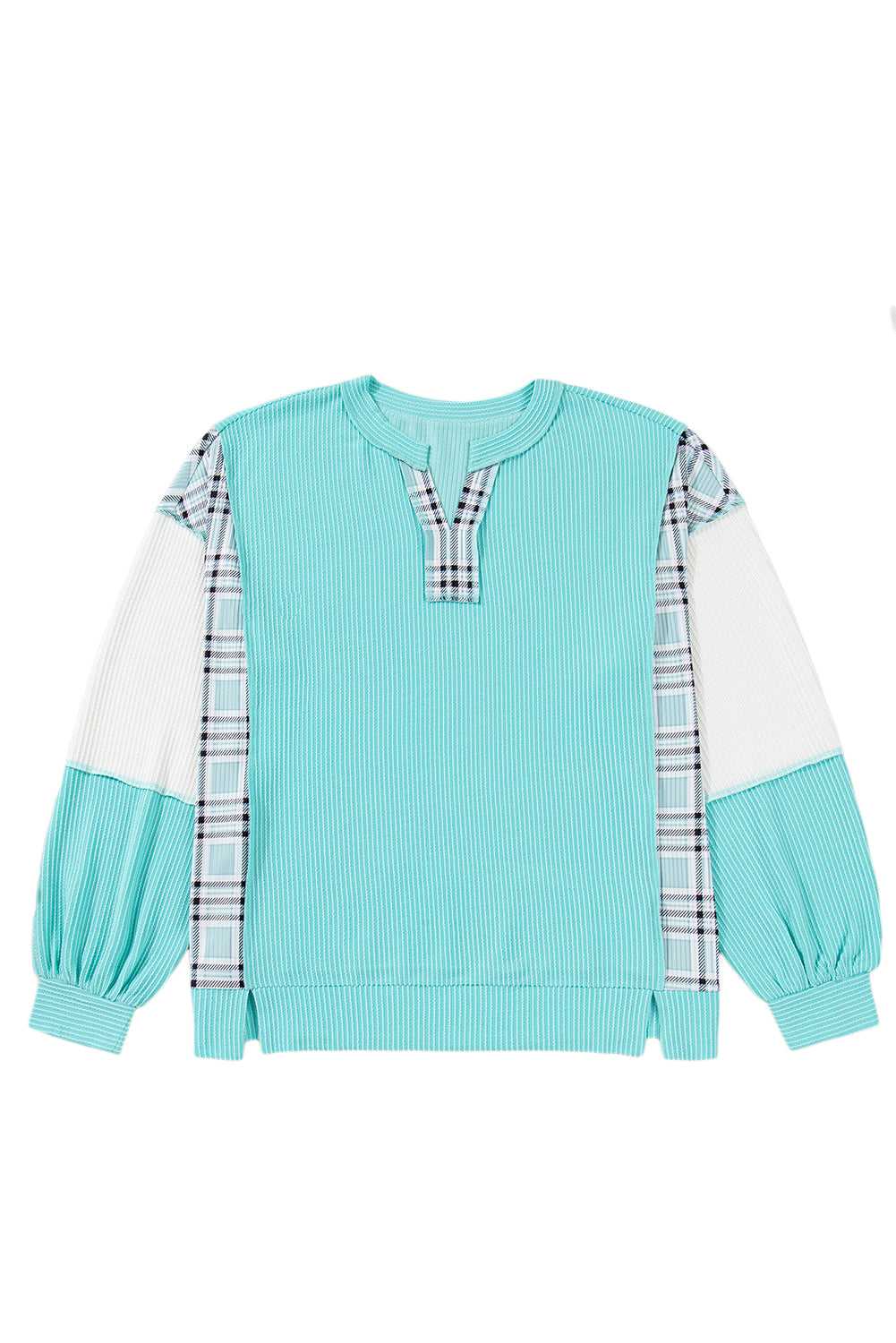 Aruba Blue Twist Ribbed Colorblock Plaid Patchwork Plus Size Top f3468859acf27016