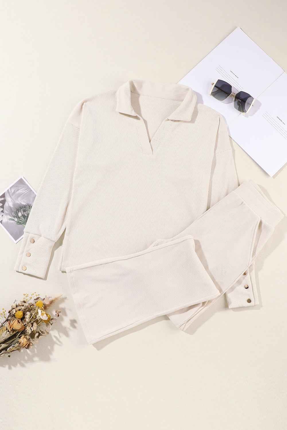 Beige Collared Split Neck Ribbed 2pcs Athleisure Outfit f349d9fd5a934323