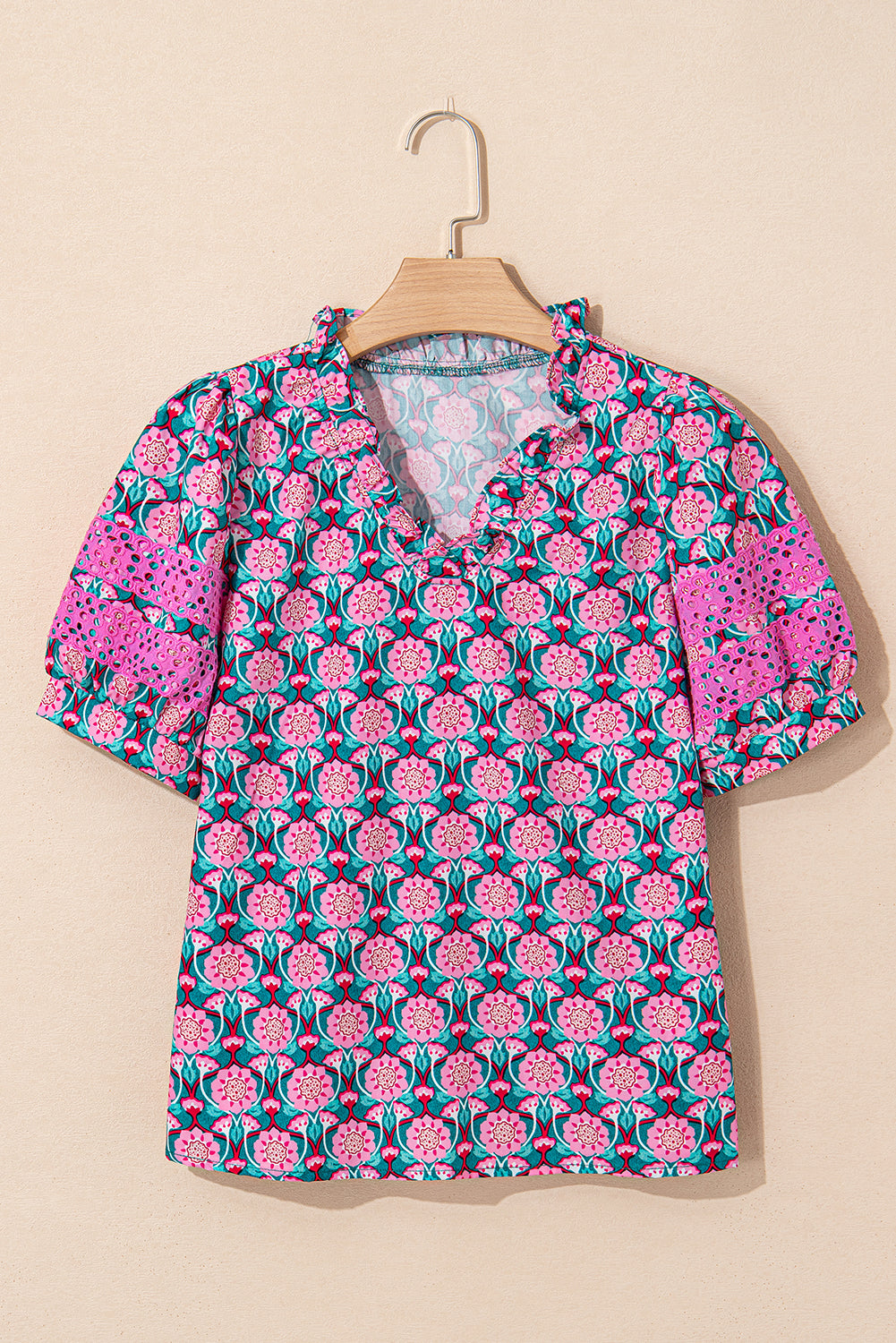 Sachet Pink Frill V-Neck Abstract Print Puff Sleeve Top f35596daca012d74