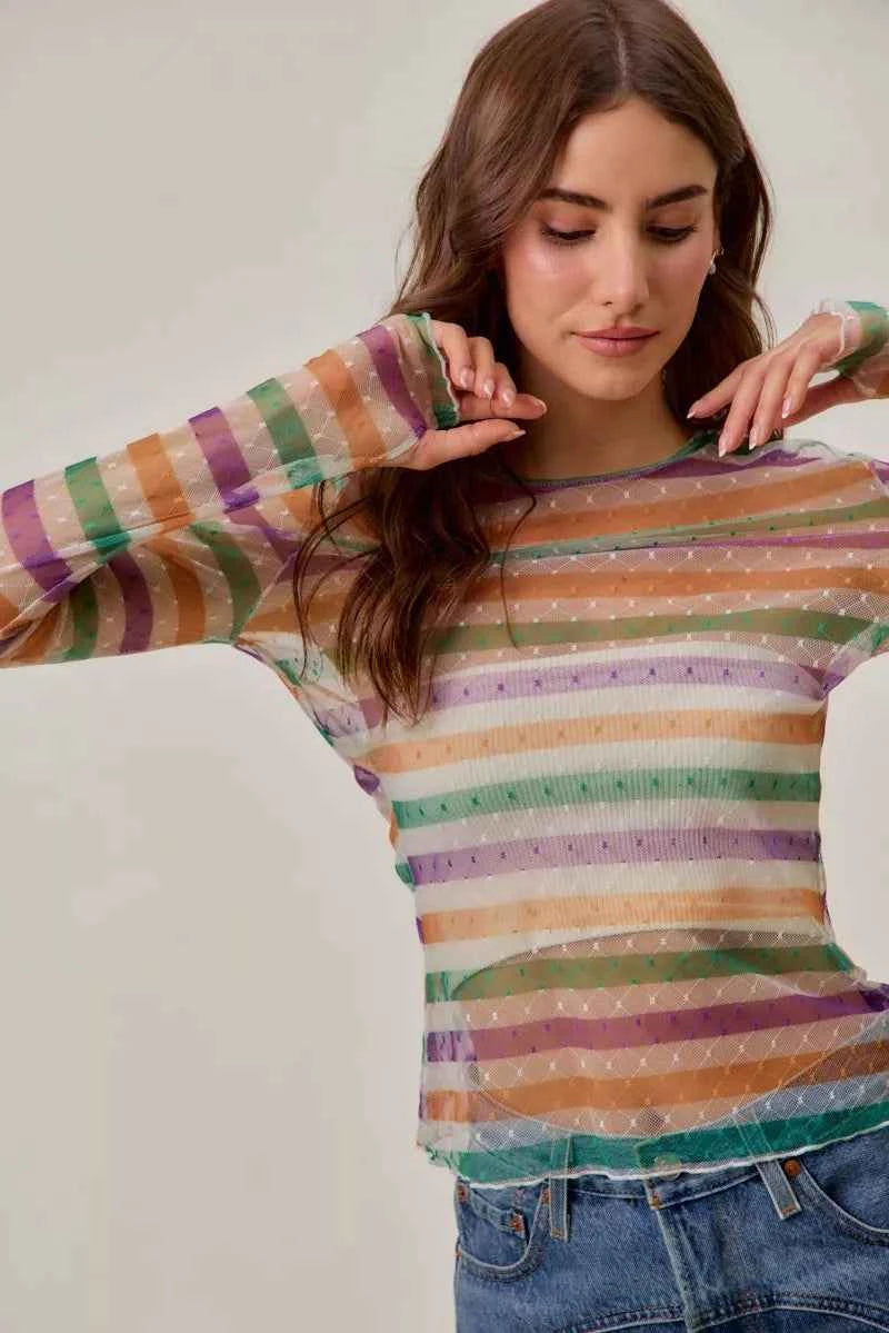 SO ME Mardi Gras Color Stripe Stretch Mesh Top f357beb143bc407a9985eb038f224011-Max-Origin
