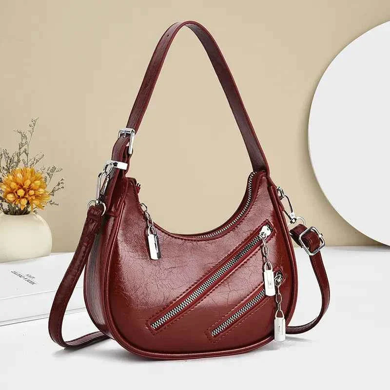 Diagonal Zipper Leather Shoulder Bag Burgundy onesize f35fa4c6085d415e92d5e3a292071ef4-Max-Origin