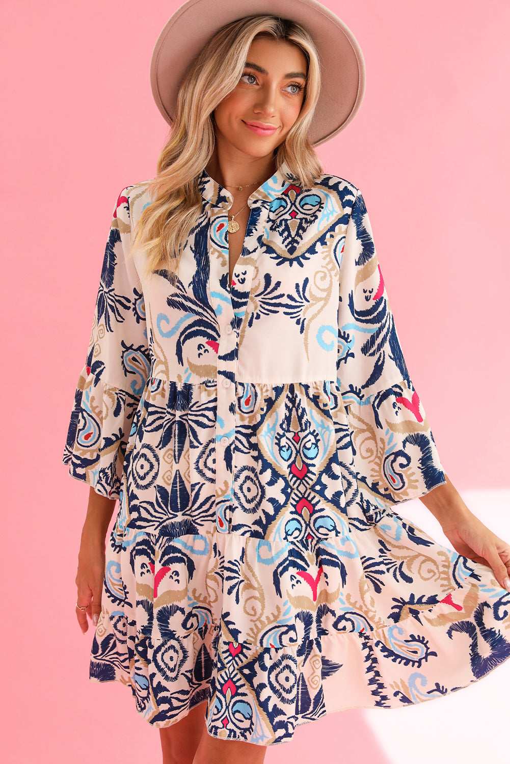 White Ethnic Print Boho Button Tiered Mini Dress f360a79518a7723e-_13