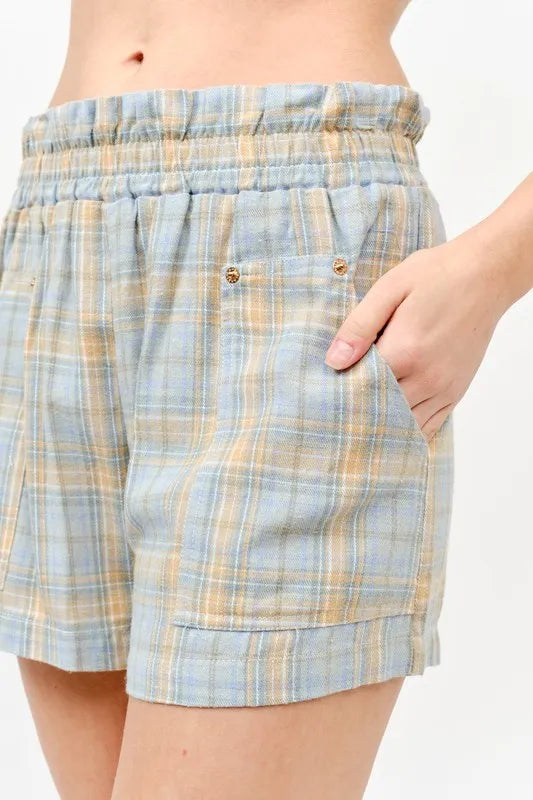 Plaid Print Smocked Pocketed Casual Shorts - Cotton Blend f3650bb456b040d1906d198dc98d4415-Max-Origin