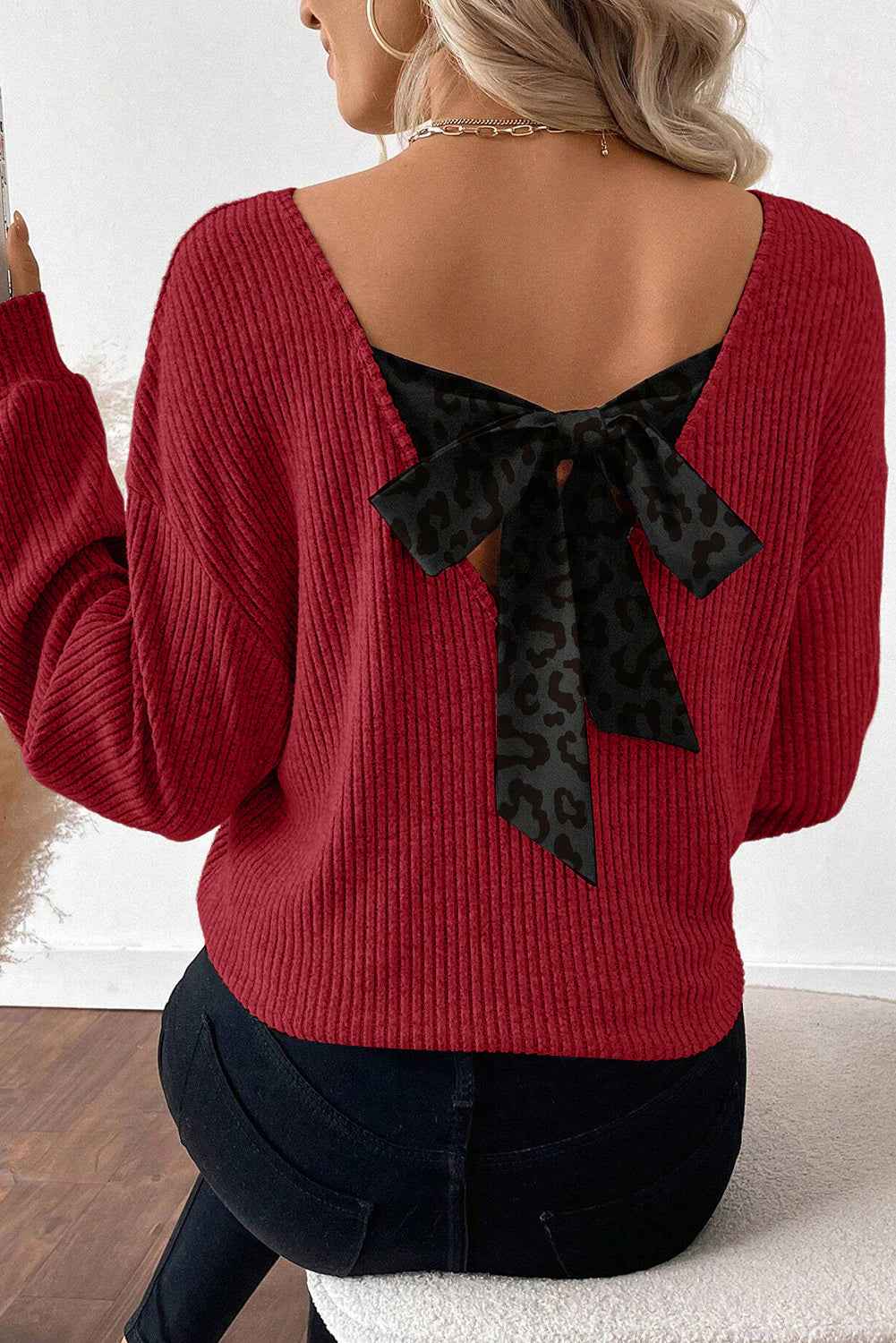 Racing Red Leopard Back Bow Ribbed Top f36eec56f93bc847