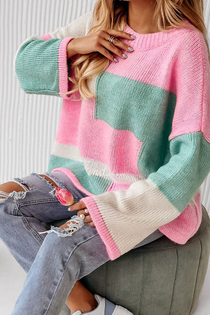 Color Block Round Neck Drop Shoulder Sweater