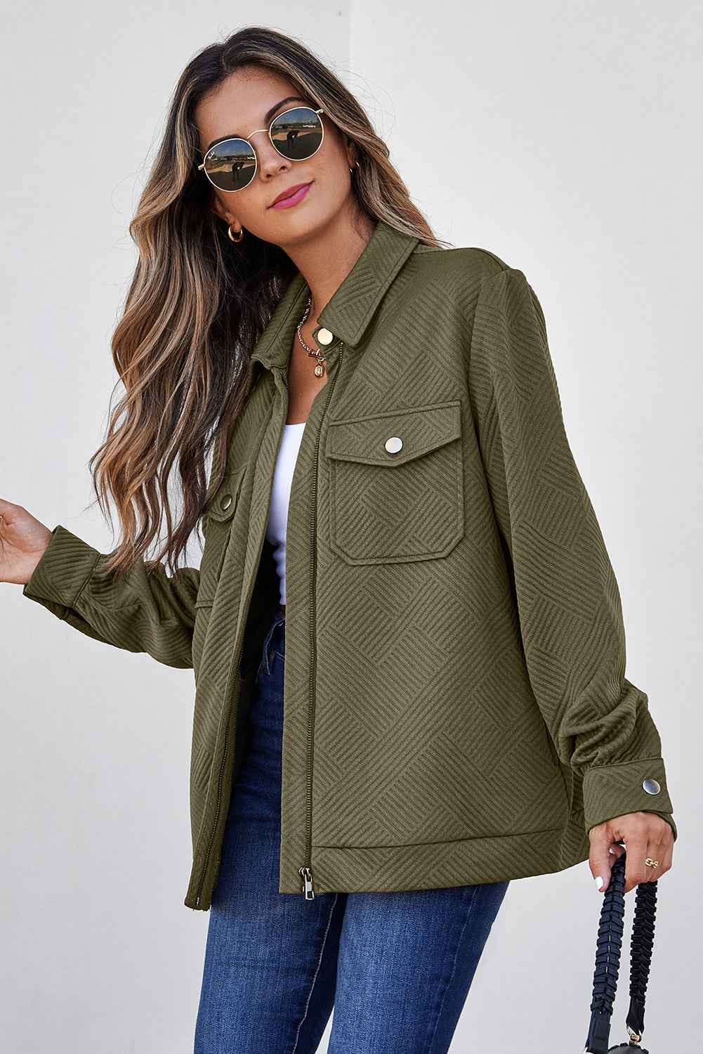 Blackish Green Solid Color Zip Up Button Flap Pocket Shirt Collar Jackets f371ab93054dcb02