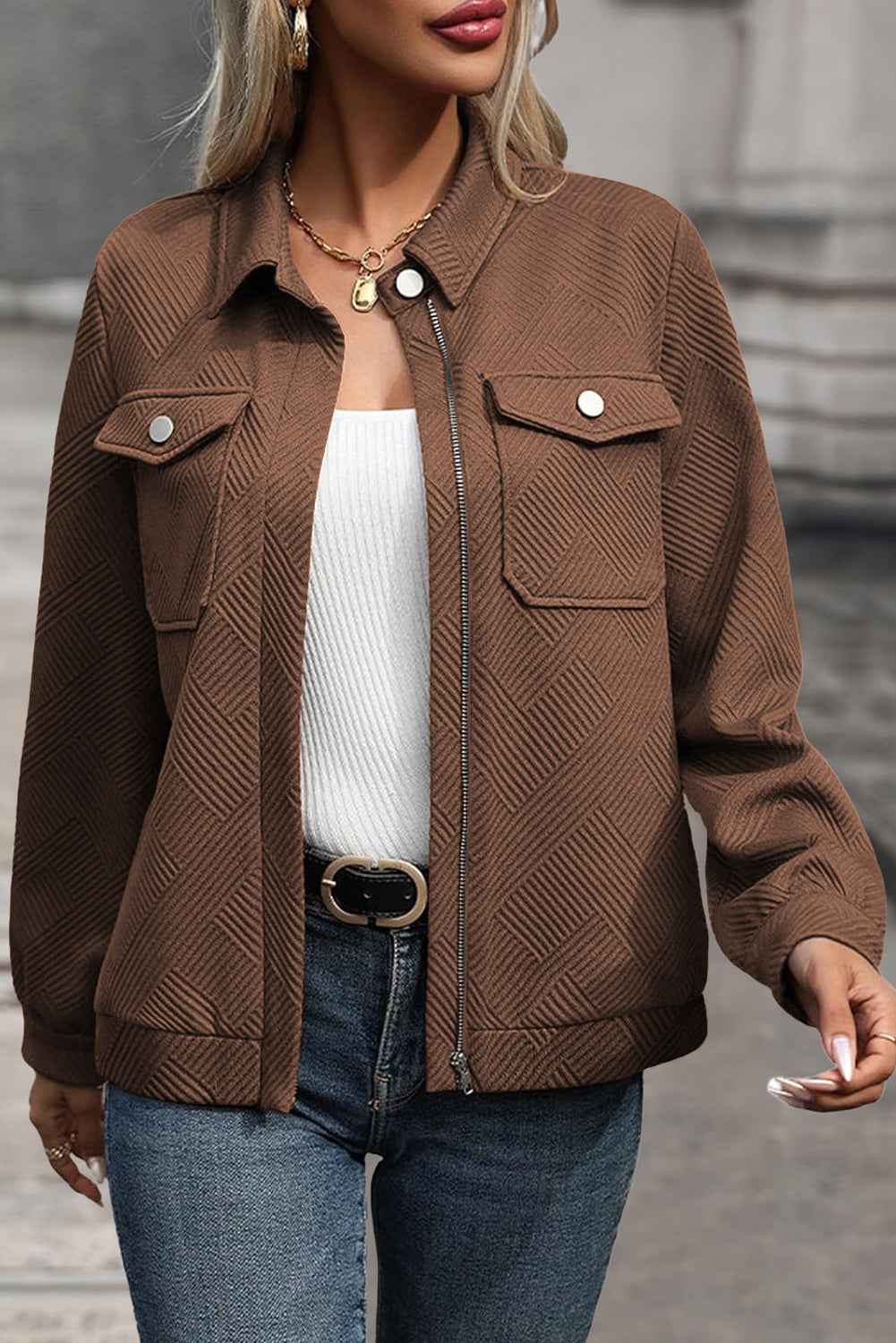 Blackish Green Solid Color Zip Up Button Flap Pocket Shirt Collar Jackets f377ca6b50ba5110