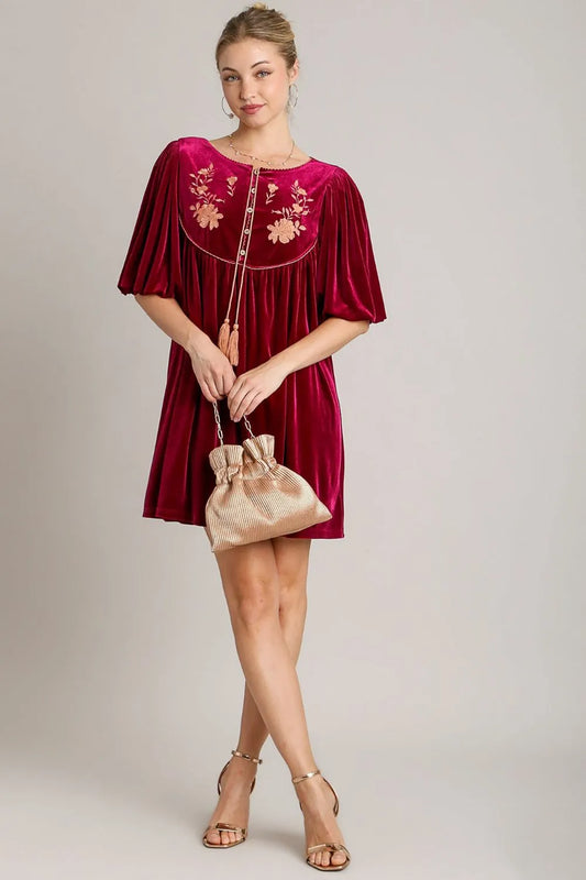 Embroidered Half Sleeve Velvet Mini Dress with Tassel f380ecb9-8d41-4643-8568-d9093e8b93e1-Max