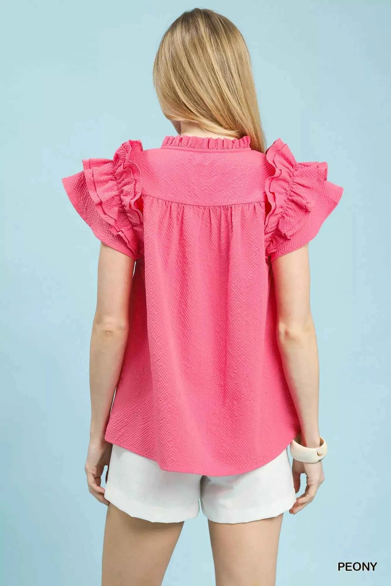 Umgee Textured Ruffle Sleeve Notched Top f381c44d-65a6-4fba-be48-367165f1ec35-Max-Origin