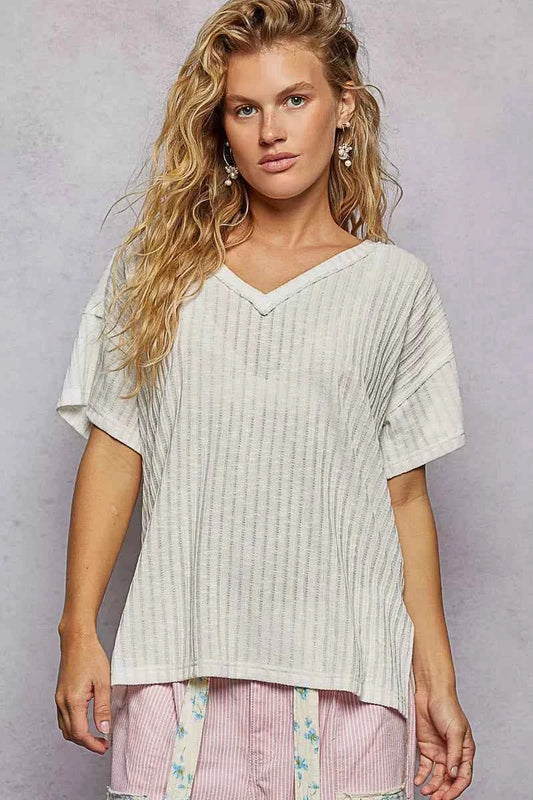 POL Ribbed Knit V-Neck Short Sleeve T-Shirt with Side Slit f3825acc-f725-4fcf-b130-357b5a6596fa-Max-Origin