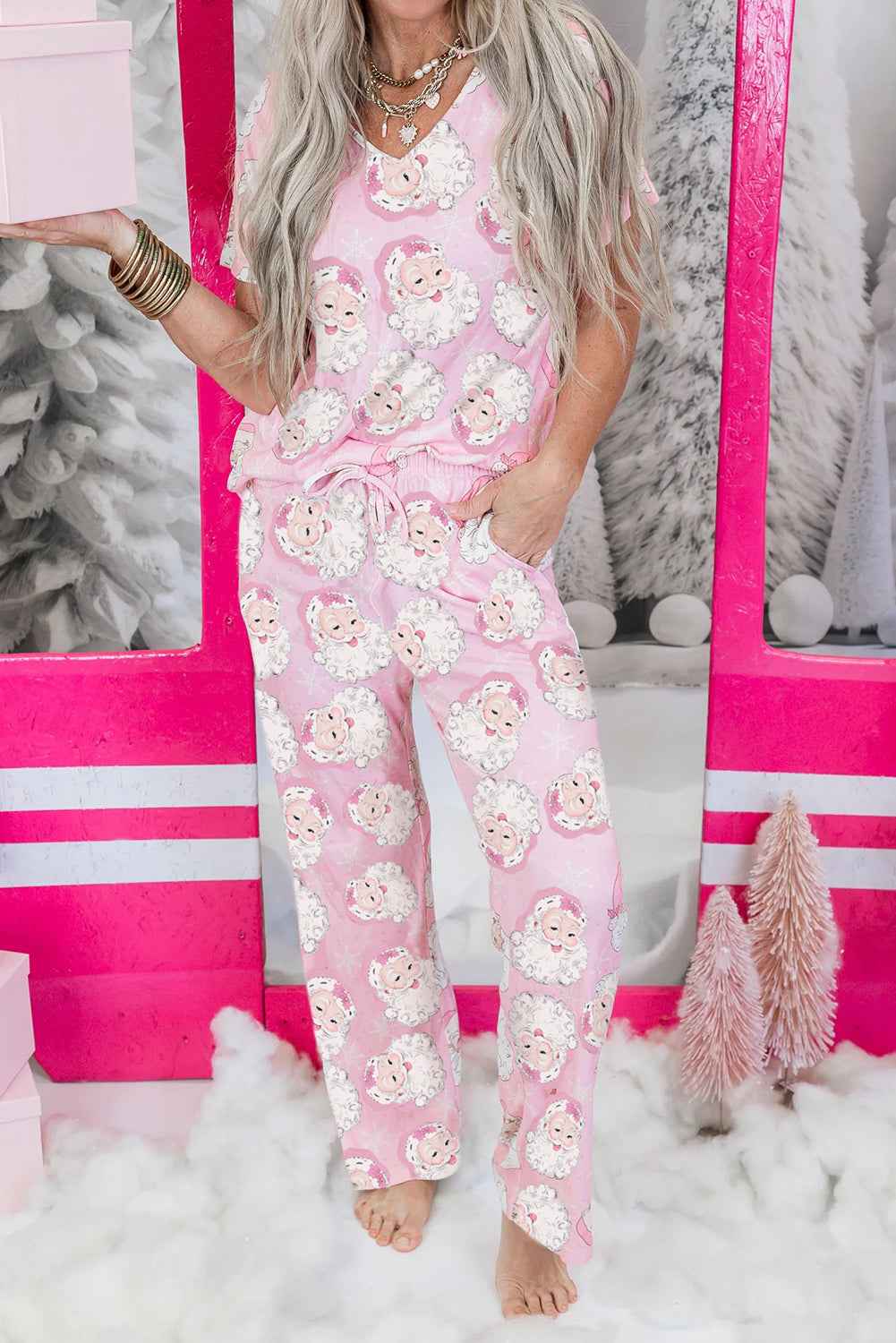 Pink Christmas Santa Claus V Neck Tee Drawstring Pants Pajama Set Pink 95%Polyester+5%Elastane f38334cb8544e1d8