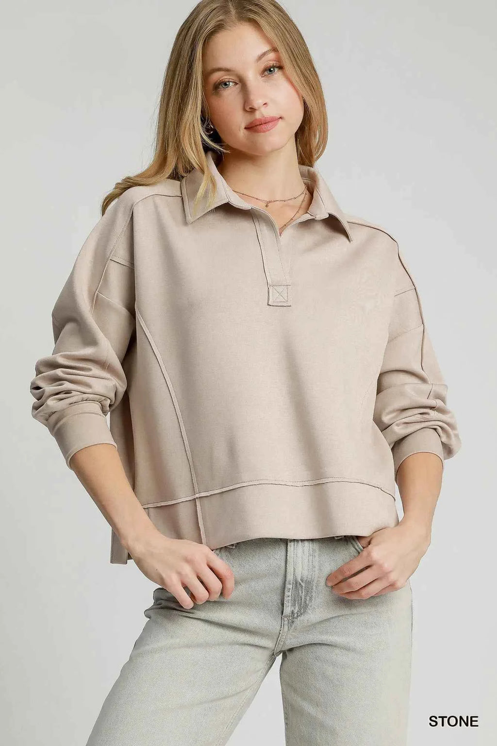 Umgee Exposed Seam Long Sleeve Polo Top with Side Slit STONE f38a2716-203a-4cb5-ae67-1c3b830cf265-Max-Origin