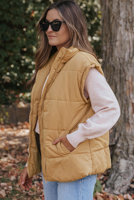 Khaki Oversized Stand Collar Zip Winter Vest f38d550197b1cfff