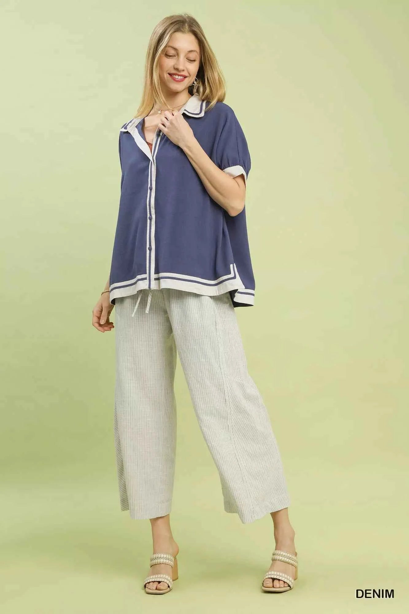 Linen Button Front Top with Contrast Piping f38ded37-6ddd-4899-8e0c-98c732b74c25-Max-Origin